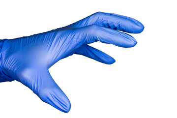 hand gesture grabs in blue medical glove isolated, close up, selective focus, white background