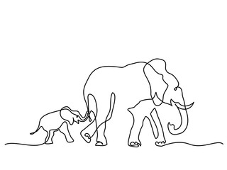 Continuous line drawing. Elephant mom with baby walking symbol. Logo of the elephant. Vector illustration