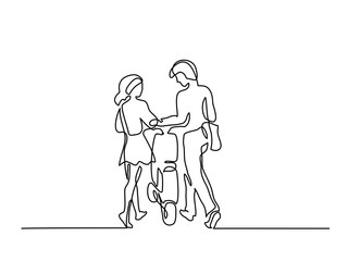 Continuous line drawing. Happy couple walking with scooter. Vector illustration