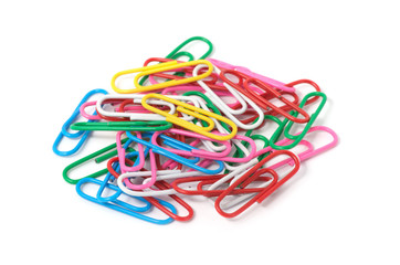 Bunch of colorful paper clips isolated on white background