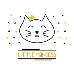 Cute doodle cat in golden crown. Little princess funny quote.