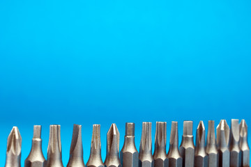 Set of heads for screwdriver (bits) Tools collection copy space, close up, selective focus, blurred...