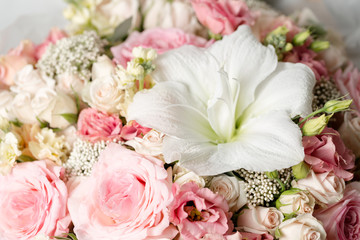 Flower composition on a gray background. Wedding and Festive decor. pink color. closeup