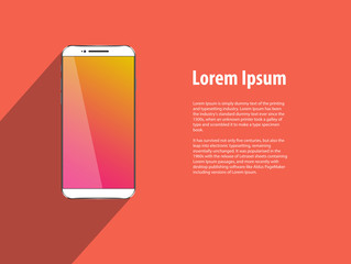 Design template white mobile phone on orange background. Cellphone whit colorful  screen. Eps 10 vector illustration.