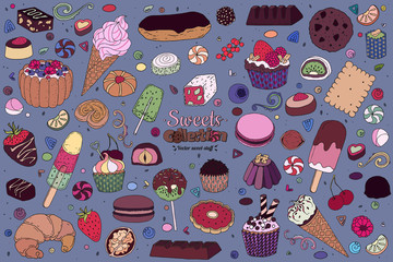 Naklejka premium Vector sweet-stuff. Set of objects and symbols on the sweets theme. Soft color.