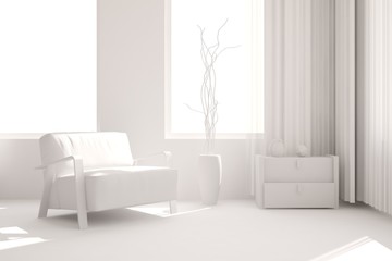 White room with armchair. Scandinavian interior design. 3D illustration