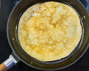 pancakes are baked in a frying pan