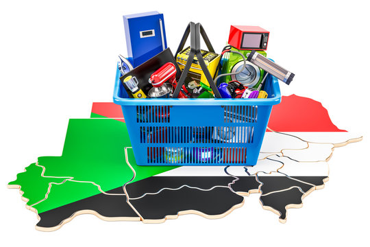 Map of Sudan with shopping basket full of home and kitchen appliances, 3D rendering
