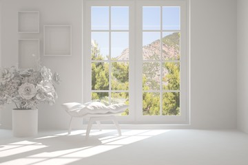 Idea of white room with armchair and summer landscape in window. Scandinavian interior design. 3D illustration