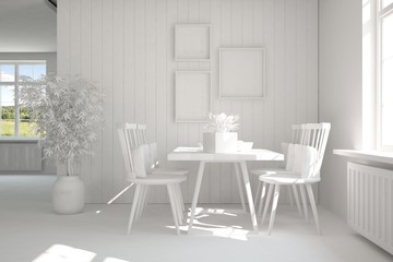 White dinner room. Scandinavian interior design. 3D illustration