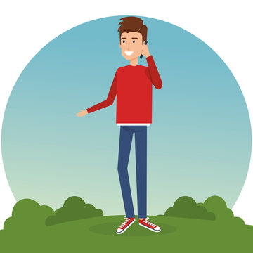young man calling in the park vector illustration design