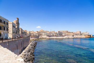 Fototapeta premium Syracuse, Italy. Picturesque old quay on the island of Ortygia