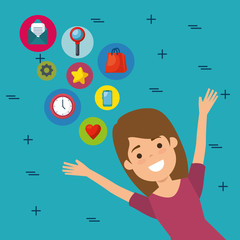 young woman with social media icons character vector illustration design