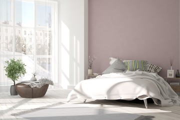 White bedroom with winter landscape in window. Scandinavian interior design. 3D illustration