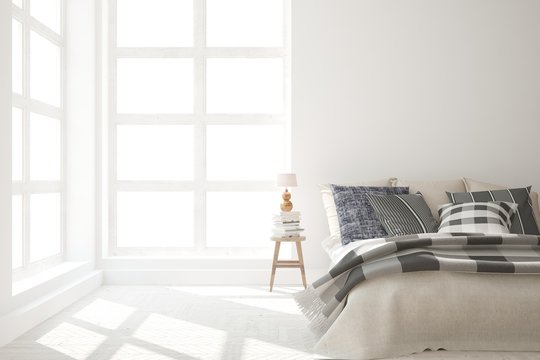 Idea of white minimalist bedroom. Scandinavian interior design. 3D illustration