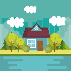 landscape with house and lake scene vector illustration design