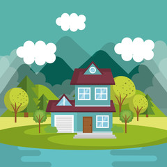 Obraz na płótnie Canvas landscape with house and lake scene vector illustration design