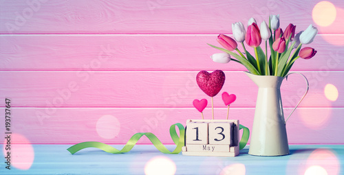 Mothers Day Greeting Card - Tulips And Calendar On Wooden Table