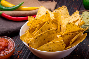 Mexican nachos chips with sauces