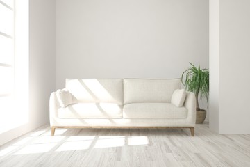Idea of white minimalist room with sofa. Scandinavian interior design. 3D illustration