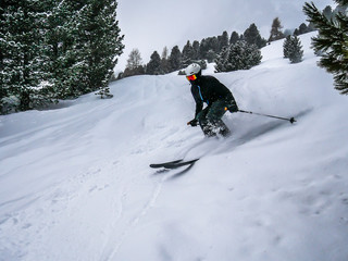Freeride skier riding in deep snow in the Alp forest.
