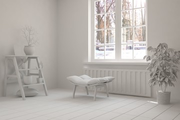White room with armchair and winter landscape in window. Scandinavian interior design. 3D illustration