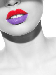 Purple and red lips on black and white photo