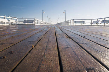 Fototapeta premium Pier during a sunny day - a closeup of wooden boards, seagulls on a railing