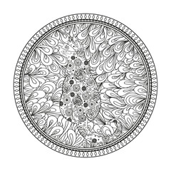 Hand drawn circle zendala with cat. Wallpaper Zentangle. Black and white illustration. Design for spiritual relaxation for adults. Hand drawn mandala with abstract patterns on isolation background