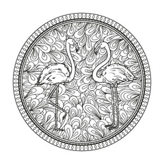 Circle zendala. Birds. Zentangle. Abstract wallpaper. Hand drawn foliage mandala on isolated background. Flamingo. Design for spiritual relaxation for adults. Black and white illustration for coloring