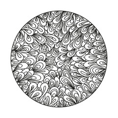 Zendala. Line background. Hand drawn mandala. Tribal texture. Monochrome vegetable floral pattern. Illustration for coloring. Design for spiritual relaxation for adults. Black and white wallpaper