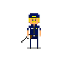 Pixel character policeman in the uniform for games and web sites