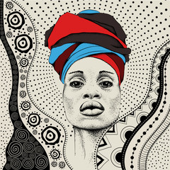African woman with African in turban, tribal background. Beautiful black woman. Vector illustration - 193742404