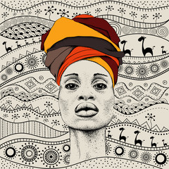 African woman with African in turban, tribal background. Beautiful black woman. Vector illustration - 193742622