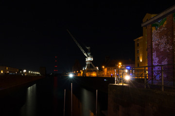 Night view of the old industrial harbour in Magdeburg, Germany, today known as science harbour.
