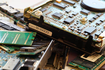 E-scrap. Used computer parts: memory, network cards, disks, graphics cards