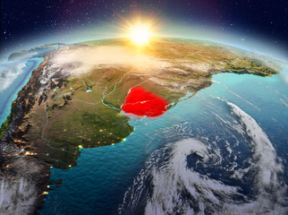 Uruguay from space in sunrise