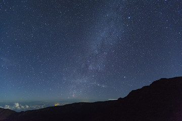 Fototapeta na wymiar view of the stars and milky way galaxy from the summit of haleakala on the island of maui in hawaii in the pacific ocean taken from the summit of haleakaka