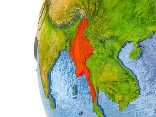 Map of Myanmar on model of globe