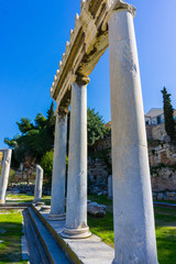 Close up of columns in the Roman market (agora) below in Athens Greece. Located to the north of the Acropolis and to the east of the Ancient Agora.