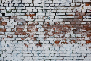 Red White Wall Background. Old Grungy Brick Wall Horizontal Texture. Brickwall Backdrop. Stonewall Wallpaper. Vintage Wall With Peeled Plaster. Retro Grunge Wall. With Uneven Stucco