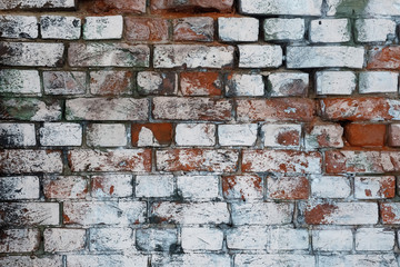 Red White Wall Background. Old Grungy Brick Wall Horizontal Texture. Brickwall Backdrop. Stonewall Wallpaper. Vintage Wall With Peeled Plaster. Retro Grunge Wall. With Uneven Stucco