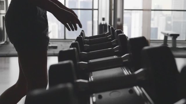 Hands of female athlete taking heavy dumbbells during workout in the Gym. Muscle training, active and healthy lifestyle.