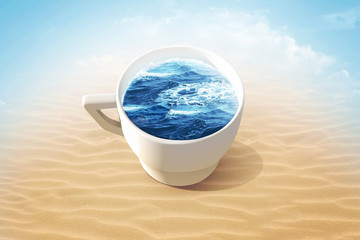 Ocean or sea in cup. Cup of coffee with the sea inside on sand beach. 3d illustration.