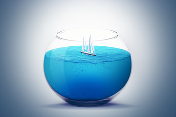 ship on fishbowl aquarium, isolated on light background. 3d rendering