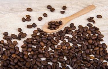 Coffee beans in wooden spoon