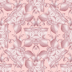 Floral pink vector seamless pattern. Vintage monochrome background wallpaper with surface 3d flowers, leaves, damask ornaments. Flourish design for fabric, card, wedding, prints, textile, clothes