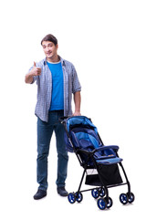 Young dad with baby pram isolated on white