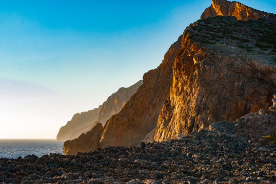 A rocky beach in Antikythera island in Greece. A remoted island between Kythera and Crete. 
