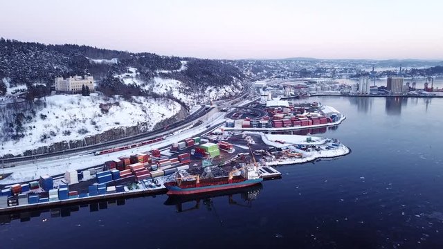 Aerial shot of a ship in a port in Oslo, Norway in winter